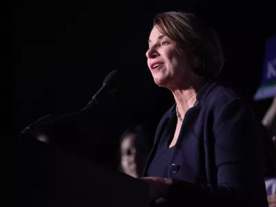 Sen. Amy Klobuchar speaks at the DFL election night watch party, Tuesday, Nov. 5, 2024, in St. Paul, Minn. (AP Photo/Abbie Parr)