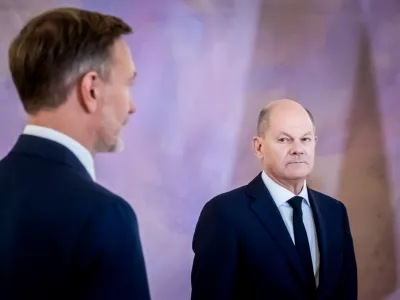 07 November 2024, Berlin: German Chancellor Olaf Scholz (R) looks at former Minister of Finance Christian Lindner during his dismissal ceremony at Bellevue Palace. Photo: Christoph Soeder/dpa