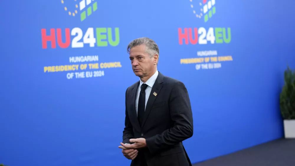 Slovenia's Prime Minister Robert Golob arrives for an EU Summit at the Puskas Arena in Budapest, Hungary, Friday, Nov. 8, 2024. (AP Photo/Petr David Josek)