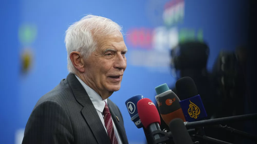 European Union foreign policy chief Josep Borrell speaks with the media as he arrives for an EU Summit at the Puskas Arena in Budapest, Hungary, Friday, Nov. 8, 2024. (AP Photo/Petr David Josek)