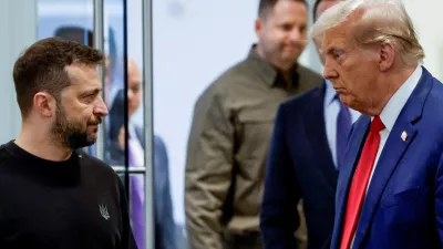 FILE PHOTO: Republican presidential nominee and former U.S. President Donald Trump and Ukraine's President Volodymyr Zelenskiy meet at Trump Tower in New York City, U.S., September 27, 2024. REUTERS/Shannon Stapleton/File Photo