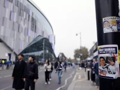 Soccer Football - Premier League - Tottenham Hotspur v Ipswich Town - Tottenham Hotspur Stadium, London, Britain - November 10, 2024 Poster outside the stadium commemorating Emily Damari, kidnapped during the deadly October 7, 2023 attack, amid the ongoing conflict in Gaza between Israel and Hamas Action Images via Reuters/Andrew Couldridge EDITORIAL USE ONLY. NO USE WITH UNAUTHORIZED AUDIO, VIDEO, DATA, FIXTURE LISTS, CLUB/LEAGUE LOGOS OR 'LIVE' SERVICES. ONLINE IN-MATCH USE LIMITED TO 120 IMAGES, NO VIDEO EMULATION. NO USE IN BETTING, GAMES OR SINGLE CLUB/LEAGUE/PLAYER PUBLICATIONS. PLEASE CONTACT YOUR ACCOUNT REPRESENTATIVE FOR FURTHER DETAILS..