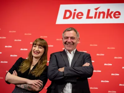 10 November 2024, Berlin: Heidi Reichinek and Jan van Aken of German Political party Die Linke (The Left), top candidates for the Bundestag elections, takes part in the announcement of the top candidates of the Die Linke party for the upcoming Bundestag elections in the Karl Liebknecht House. Photo: Fabian Sommer/dpa