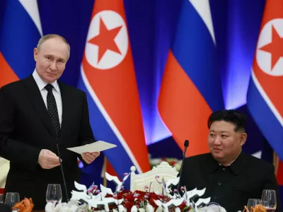 FILE PHOTO: Russia's President Vladimir Putin and North Korea's leader Kim Jong Un attend a state reception in Pyongyang, North Korea June 19, 2024. Sputnik/Vladimir Smirnov/Pool via REUTERS ATTENTION EDITORS - THIS IMAGE WAS PROVIDED BY A THIRD PARTY./File Photo