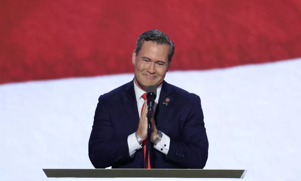 FILE PHOTO: Rep. Michael Waltz (FL) gestures on Day 3 of the Republican National Convention (RNC), at the Fiserv Forum in Milwaukee, Wisconsin, U.S., July 17, 2024. REUTERS/Mike Segar/File Photo