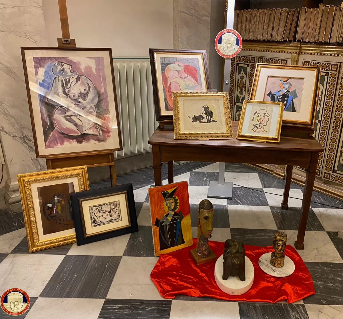 Modern and contemporary fake artworks, including Banksy, Pablo Picasso and Andy Warhol, are displayed following an Italian Carabinieri operation against a large-scale pan-European forgery network, in Pisa, Italy, November 9, 2024. Carabinieri/Handout via REUTERS  THIS IMAGE HAS BEEN SUPPLIED BY A THIRD PARTY