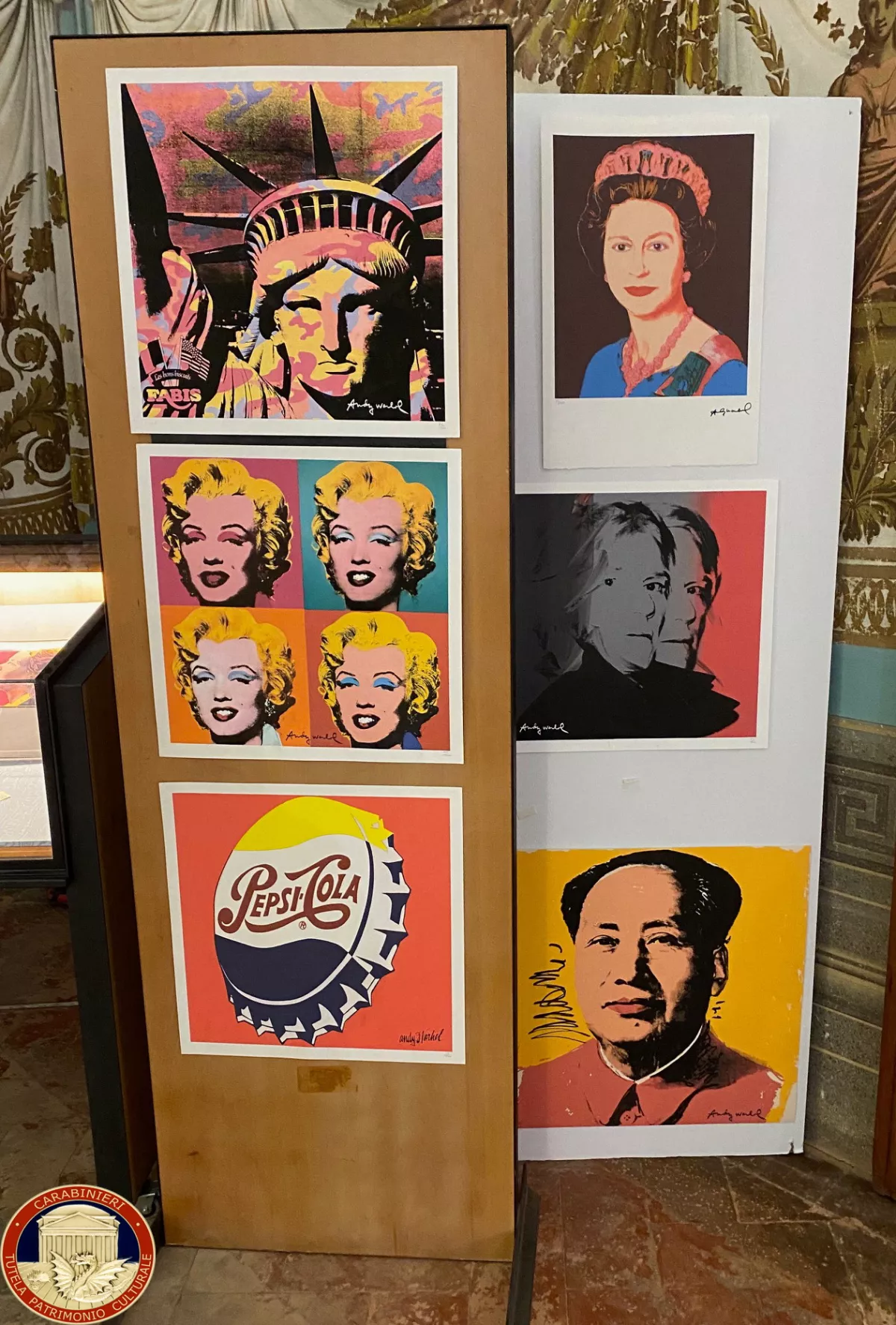 Modern and contemporary fake artworks, including Banksy, Pablo Picasso and Andy Warhol, are displayed following an Italian Carabinieri operation against a large-scale pan-European forgery network, in Pisa, Italy, November 9, 2024. Carabinieri/Handout via REUTERS  THIS IMAGE HAS BEEN SUPPLIED BY A THIRD PARTY