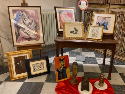 Modern and contemporary fake artworks, including Banksy, Pablo Picasso and Andy Warhol, are displayed following an Italian Carabinieri operation against a large-scale pan-European forgery network, in Pisa, Italy, November 9, 2024. Carabinieri/Handout via REUTERS  THIS IMAGE HAS BEEN SUPPLIED BY A THIRD PARTY