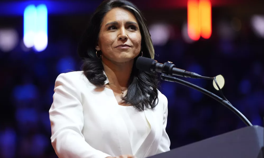 FILE - Tulsi Gabbard speaks before Republican presidential nominee former President Donald Trump at a campaign rally at Madison Square Garden, Oct. 27, 2024, in New York. (AP Photo/Alex Brandon, File)