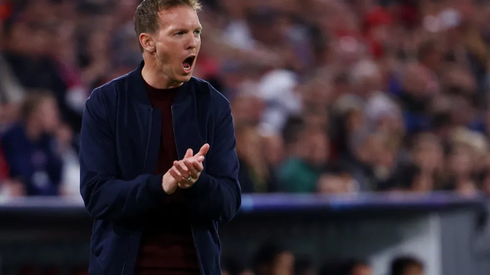 Soccer Football - Champions League - Quarter-Final - Second Leg - Bayern Munich v Villarreal - Allianz Arena, Munich, Germany - April 12, 2022 Bayern Munich coach Julian Nagelsmann reacts REUTERS/Kai Pfaffenbach