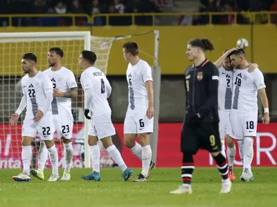 Soccer Football - Nations League - Group Stage - Austria v Slovenia - Ernst Happel Stadion, Vienna, Austria - November 17, 2024 Slovenia's Adam Gnezda Cerin celebrates scoring their first goal with teammates REUTERS/Lisa Leutner