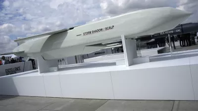 FILE - The Storm Shadow cruise missile is on display during the Paris Air Show in Le Bourget, north of Paris, France, on June 19, 2023. French President Emmanuel Macron has called for Western countries to let Ukraine strike military bases inside Russia with the sophisticated long-range weapons they are providing to Kyiv. It is the most recent sign of a potentially significant policy shift that could help change the complexion of the war. (AP Photo/Lewis Joly, File)