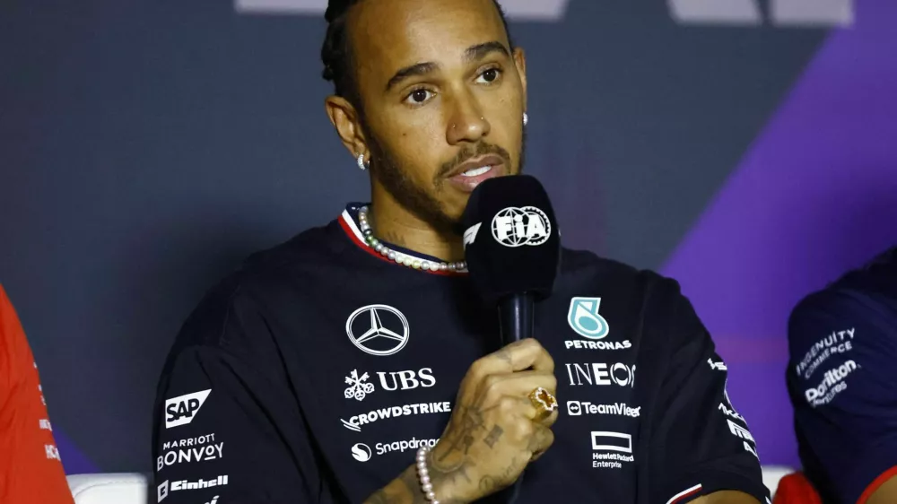 Formula One F1 - Bahrain Grand Prix - Bahrain International Circuit, Sakhir, Bahrain - February 28, 2024 Mercedes' Lewis Hamilton during a press conference ahead of the Bahrain Grand Prix REUTERS/Rula Rouhana