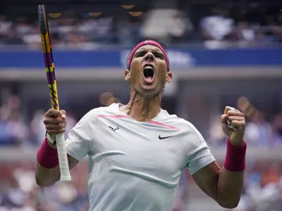 Rafael Nadal, of Spain, celebrates after winning a point against Frances Tiafoe, of the United States, during the fourth round of the U.S. Open tennis championships, Monday, Sept. 5, 2022, in New York. (AP Photo/Eduardo Munoz Alvarez)