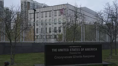 American flag waves in front of the U.S. Embassy in Kyiv, Ukraine, November 20, 2024. (AP Photo/Efrem Lukatsky)