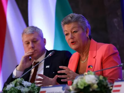 Romania's Deputy Prime Minister and Minister of Internal Affairs Catalin Predoiu and European Commissioner for Home Affairs Ylva Johansson attend a joint press conference with Austria's Federal Minister of the Interior Gerhard Karner, Hungary's Minister of Interior Sandor Pinter, and Bulgaria's Minister of Interior Atanas Ilkov, after their meeting in Budapest, Hungary, November 22, 2024. REUTERS/Bernadett Szabo