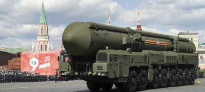 Russian RS-24 Yars ballistic missiles move in Red Square during the Victory Day military parade in Moscow, Russia, Tuesday, May 9, 2023, marking the 78th anniversary of the end of World War II. (Pelagia Tikhonova, M24/Moscow News Agency via AP)