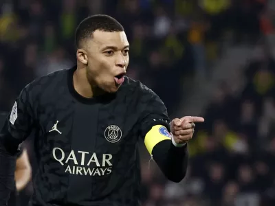 Soccer Football - Ligue 1 - Nantes v Paris St Germain - The Stade de la Beaujoire - Louis Fonteneau, Nantes, France - February 17, 2024 Paris St Germain's Kylian Mbappe celebrates scoring their second goal REUTERS/Stephane Mahe