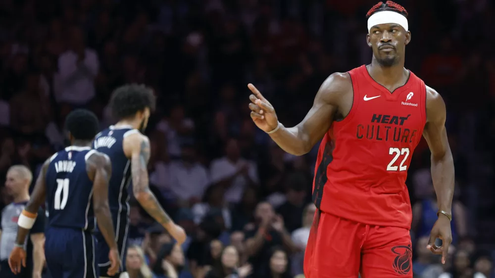 Nov 24, 2024; Miami, Florida, USA; Miami Heat forward Jimmy Butler (22) reacts against the Dallas Mavericks during the second half at Kaseya Center. Mandatory Credit: Rhona Wise-Imagn Images