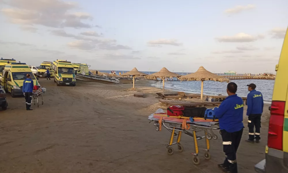 Rescuers wait on the beach of Marsa Alam, Egypt, Monday, Nov. 25, 2024 after a tourist yacht sank in the Red Sea following warnings about rough seas. (AP Photo)