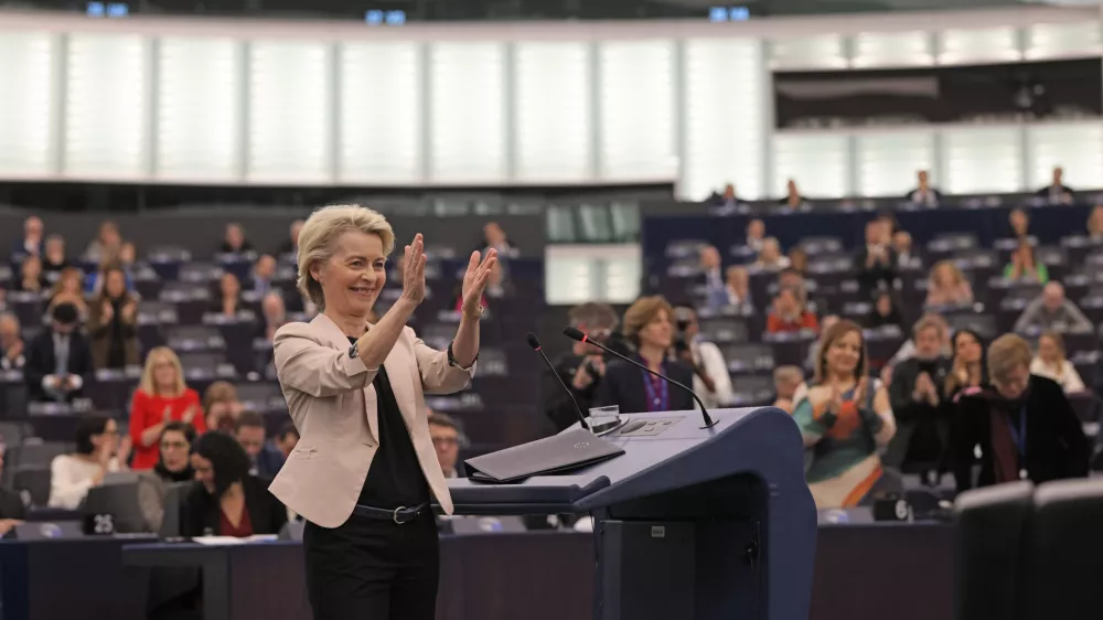 27 November 2024, France, Strasbourg: Ursula von der Leyen, President of the European Commission, thanks the chamber after delivering her speech during the EU Parliament session, ahead of the vote on the composition of the new EU Commission. Photo: Philipp von Ditfurth/dpa