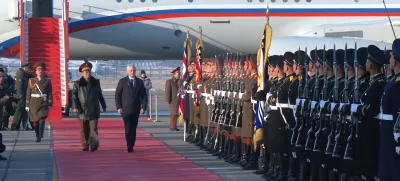 In this photo taken from a video released by Russian Defense Ministry press service, Russian Defense Minister Andrei Belousov, right on the red carpet, is welcomed by North Korean Defense Minister No Kwang Chol, left on the red carpet, upon his arrival at Pyongyang International Airport outside of Pyongyang, North Korea Friday, Nov. 29, 2024. (Russian Defense Press Service via AP)