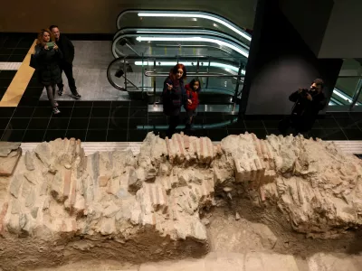 People view antiquities at Venizelou metro station on the first day of Thessaloniki's metro commercial use in Thessaloniki, Greece, November 30, 2024. REUTERS/Alexandros Avramidis