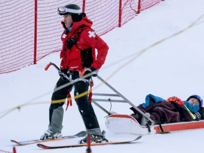 Nov 30, 2024; Killington, Vermont, USA; Mikaela Shiffrin of the United States is taken off the course on a sled in the second run of the women's giant slalom at the Stifel Killington Cup alpine skiing race at Killington Resort. Mandatory Credit: Marc DesRosiers-Imagn Images   TPX IMAGES OF THE DAY