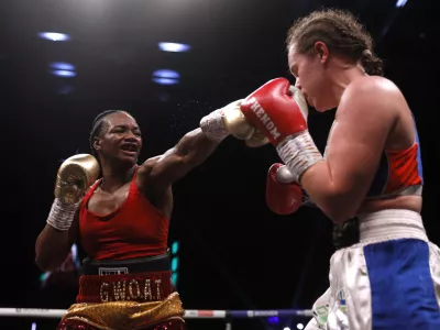 ﻿Boxing - Claressa Shields v Ema Kozin - Motorpoint Arena Cardiff, Cardiff, Wales, Britain - February 5, 2022 Claressa Shields in action against Ema Kozin Action Images via Reuters/Andrew Couldridge