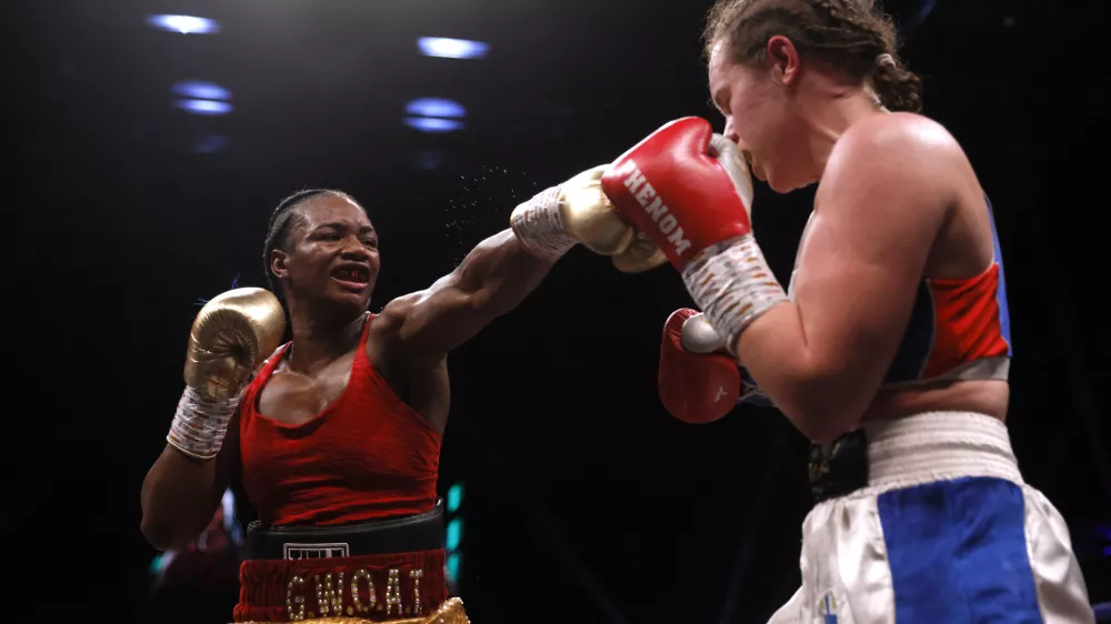 ﻿Boxing - Claressa Shields v Ema Kozin - Motorpoint Arena Cardiff, Cardiff, Wales, Britain - February 5, 2022 Claressa Shields in action against Ema Kozin Action Images via Reuters/Andrew Couldridge