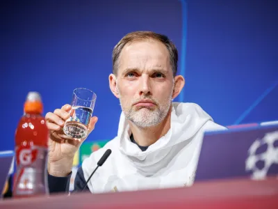 18 April 2023, Bavaria, Munich: Munich Coach Thomas Tuchel attends a press conference, ahead of Wednesday's UEFA Champions League quarterfinals second leg soccer match against Manchester City. Photo: Matthias Balk/dpa