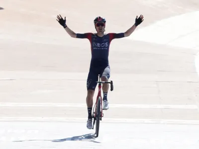 Cycling - Paris-Roubaix - Roubaix Velodrome, Roubaix, France - April 17, 2022 Ineos Grenadiers rider Dylan van Baarle of the Netherlands celebrates as he crosses the line to win the race REUTERS/Pascal Rossignol