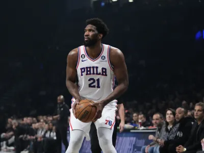 Philadelphia 76ers' Joel Embiid during the first half of Game 3 in an NBA basketball first-round playoff series against the Brooklyn Nets Thursday, April 20, 2023, in New York. (AP Photo/Frank Franklin II)