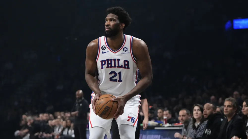 Philadelphia 76ers' Joel Embiid during the first half of Game 3 in an NBA basketball first-round playoff series against the Brooklyn Nets Thursday, April 20, 2023, in New York. (AP Photo/Frank Franklin II)