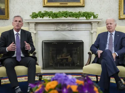 House Speaker Kevin McCarthy of Calif., speaks as he meets with President Joe Biden to discuss the debt limit in the Oval Office of the White House, Monday, May 22, 2023, in Washington. (AP Photo/Alex Brandon)