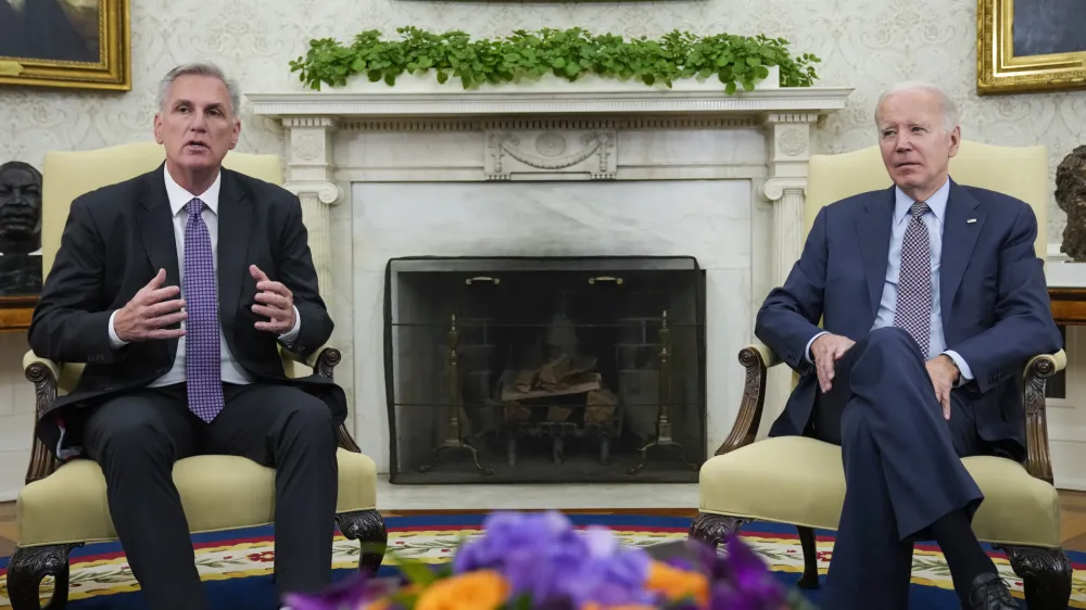 House Speaker Kevin McCarthy of Calif., speaks as he meets with President Joe Biden to discuss the debt limit in the Oval Office of the White House, Monday, May 22, 2023, in Washington. (AP Photo/Alex Brandon)