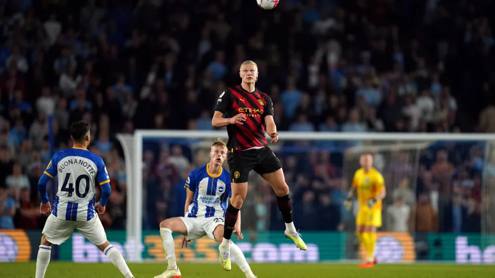 24 May 2023, United Kingdom, Brighton: Manchester City's Erling Haaland in action during the English Premier League soccer match between Brighton and Hove Albion and Manchester City at the American Express Community Stadium. Photo: Nick Potts/PA Wire/dpa