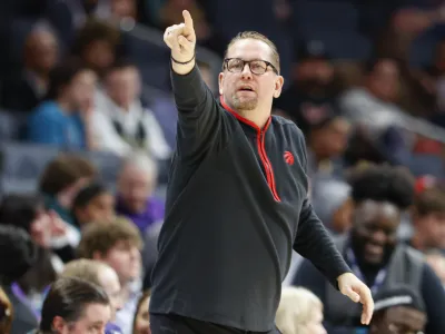 FILE - Toronto Raptors head coach Nick Nurse directs his team during the first half of an NBA basketball game against the Charlotte Hornets in Charlotte, N.C., Sunday, April 2, 2023. The Philadelphia 76ers hired Nurse on Monday, May 29, 2023, following his exit from the Toronto Raptors, a person with direct knowledge of the decision told The Associated Press. (AP Photo/Nell Redmond, File)