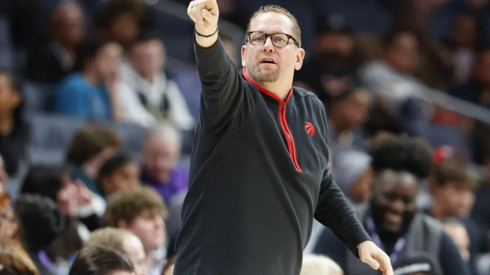 FILE - Toronto Raptors head coach Nick Nurse directs his team during the first half of an NBA basketball game against the Charlotte Hornets in Charlotte, N.C., Sunday, April 2, 2023. The Philadelphia 76ers hired Nurse on Monday, May 29, 2023, following his exit from the Toronto Raptors, a person with direct knowledge of the decision told The Associated Press. (AP Photo/Nell Redmond, File)