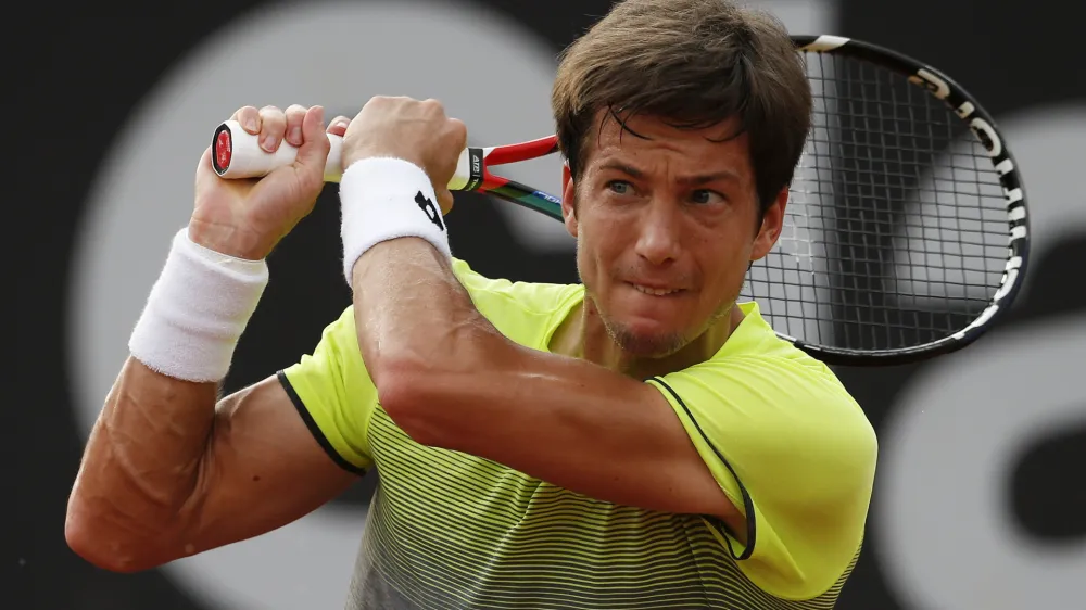 Slovenia's Aljaz Bedene watches the ball returning to Spain's Pablo Busta, during the Rio Open tennis tournament in Rio de Janeiro, Brazil, Thursday, Feb. 22, 2018. (AP Photo/Leo Correa)