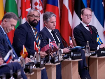 Turkish Ambassador to NATO Zeki Levent Gumrukcu from Turkey, British Foreign Minister James Cleverly, U.S. Secretary of State Antony Blinken and Sweden's Foreign Minister Tobias Billstrom attend NATO's informal meeting of foreign ministers in Oslo, Norway June 1, 2023. Javad Parsa/NTB/via REUTERS ATTENTION EDITORS - THIS IMAGE WAS PROVIDED BY A THIRD PARTY. NORWAY OUT. NO COMMERCIAL OR EDITORIAL SALES IN NORWAY.