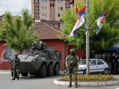 Austria members of the NATO-led Kosovo Force (KFOR) stand guard in Zvecan, Kosovo, June 2, 2023. REUTERS/Ognen Teofilovski