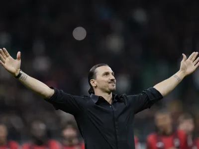 AC Milan's Zlatan Ibrahimovic reacts after his last game for the club at the end of a Serie A soccer match between AC Milan and Hellas Verona at the San Siro stadium, in Milan, Italy, Sunday, June 4, 2023. (AP Photo/Antonio Calanni)