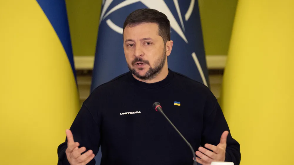 FILE - Ukrainian President Volodymyr Zelenskyy talks during a joint press conference with NATO Secretary General Jens Stoltenberg in Kyiv, Ukraine, April 20, 2023. China said Thursday, May 18, 2023 its special envoy met with Zelenskyy during talks in Kyiv earlier this week. (AP Photo/Efrem Lukatsky, File)