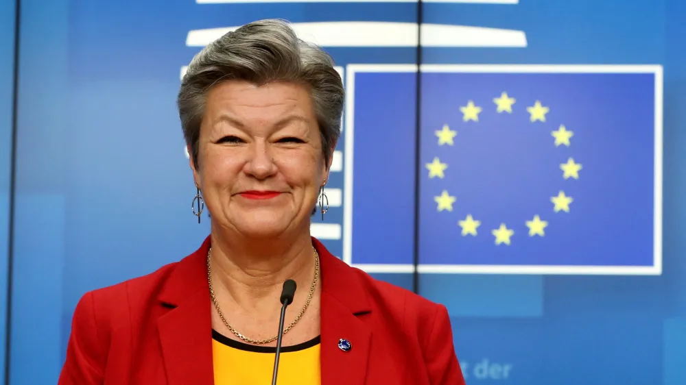 FILE PHOTO: European Commissioner for Home Affairs Ylva Johansson holds a press conference after a EU Interior ministers video conference in Brussels, Belgium December 14, 2020. REUTERS/Francois Walschaerts/File Photo