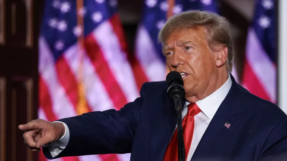 Former U.S. President Donald Trump delivers remarks during an event following his arraignment on classified document charges, at Trump National Golf Club, in Bedminster, New Jersey, U.S., June 13, 2023. REUTERS/Amr Alfiky