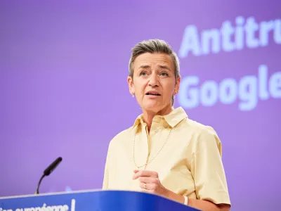 HANDOUT - 14 June 2023, Belgium, Brussels: European Commission vice-president in charge Europe fit for the digital Margrethe Vestager gives a press conference on the launch of antitrust probe against Google over online ads at the EU headquarters in Brussels. Photo: Claudio Centonze/European Commission/dpa - ATTENTION: editorial use only and only if the credit mentioned above is referenced in full