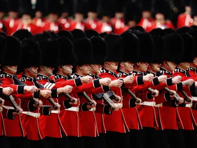 17 June 2023, United Kingdom, London: Members of the Household Division stand during the Trooping the Colour parade, as King Charles III celebrates his first official birthday since becoming sovereign. Photo: Aaron Chown/PA Wire/dpa