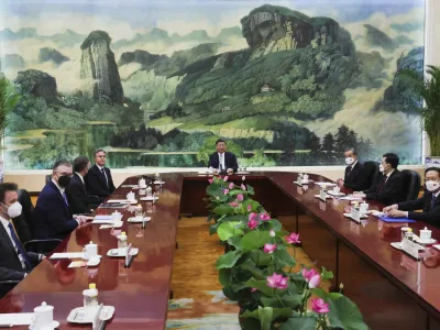 U.S. Secretary of State Antony Blinken, fourth left, meets with Chinese President Xi Jinping, center, and Wang Yi, Chinese Communist Party's foreign policy chief, third right, in the Great Hall of the People in Beijing, China, Monday, June 19, 2023. (Leah Millis/Pool Photo via AP)