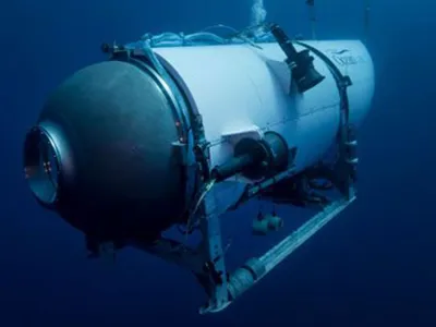 FILE - This undated photo provided by OceanGate Expeditions in June 2021 shows the company's Titan submersible. On Monday, June 19, 2023, a rescue operation was underway deep in the Atlantic Ocean in search of the technologically advanced submersible vessel carrying five people to document the wreckage of the Titanic, the iconic ocean liner that sank more than a century earlier. (OceanGate Expeditions via AP, File)